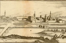 Timișoara în 1656, cu Castelul Huniade (reședința beilerbeiului) în centrul imaginii. Gravură de Nicolas Sanson 