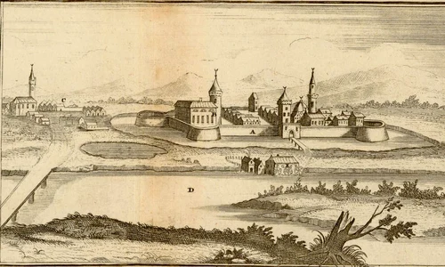 Timișoara în 1656, cu Castelul Huniade (reședința beilerbeiului) în centrul imaginii. Gravură de Nicolas Sanson