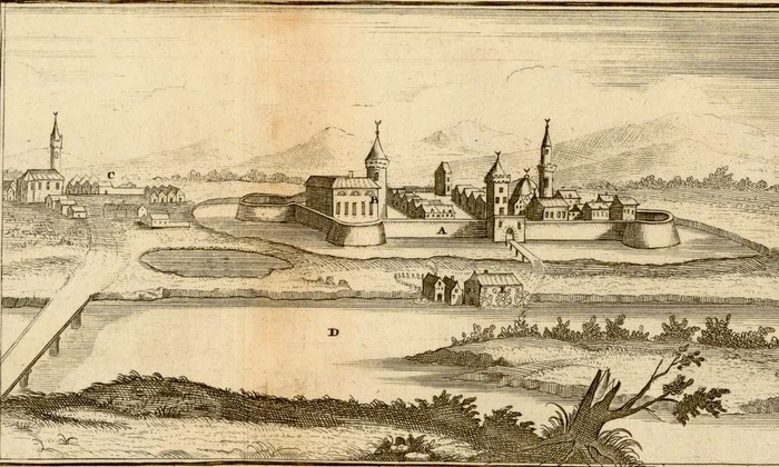Timișoara în 1656, cu Castelul Huniade (reședința beilerbeiului) în centrul imaginii. Gravură de Nicolas Sanson