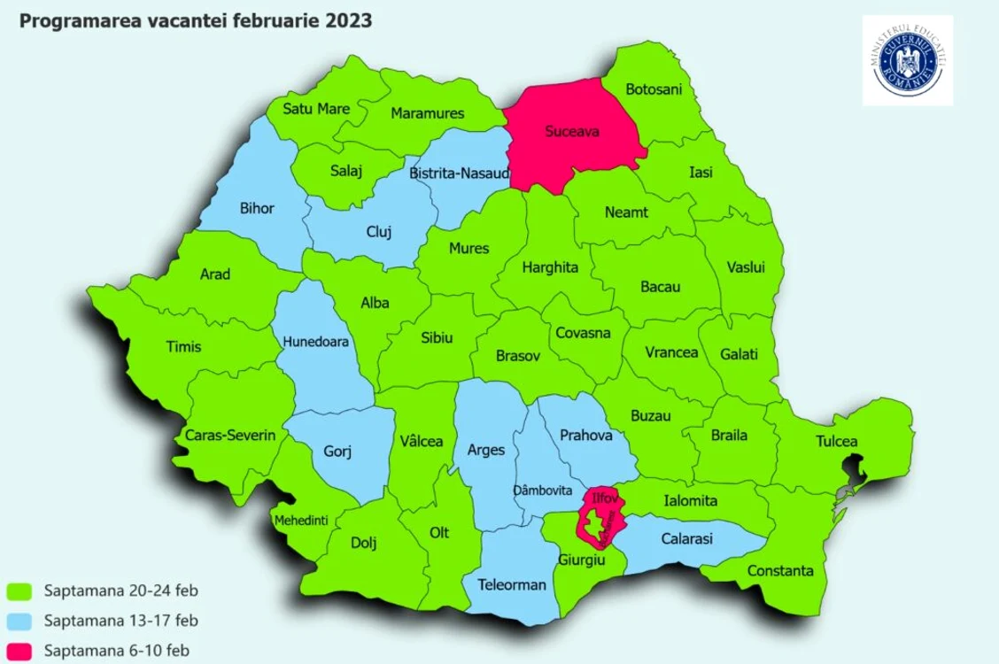 Hartă vacanță februarie 2023 / Foto: edu.ro