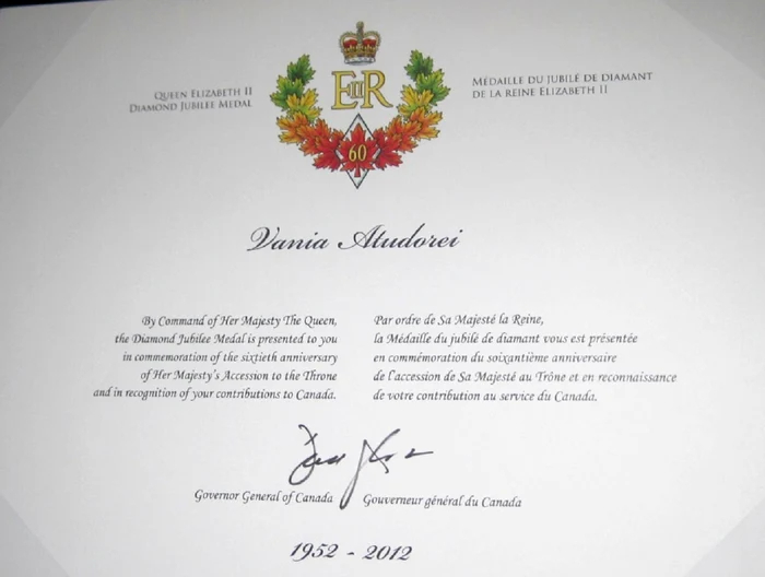 Medalia Jubileului reginei primită de Vania Atudorei. FOTO Arhivă personală