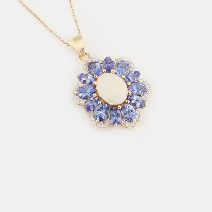Lanţ cu pandantiv din aur, decorat cu diamante, opal și tanzanite