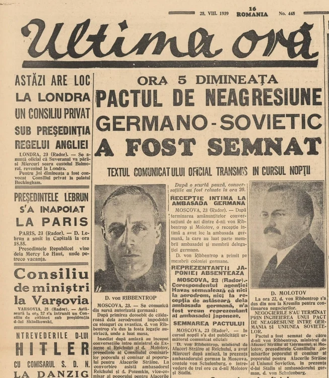 Ziarele vremii menționau semnarea pactului de neagresiune ruso-german