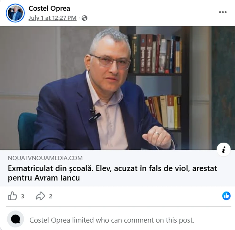 Postare pe pagina fondatorului asociației Noua Slovă FOTO Captură Facebook