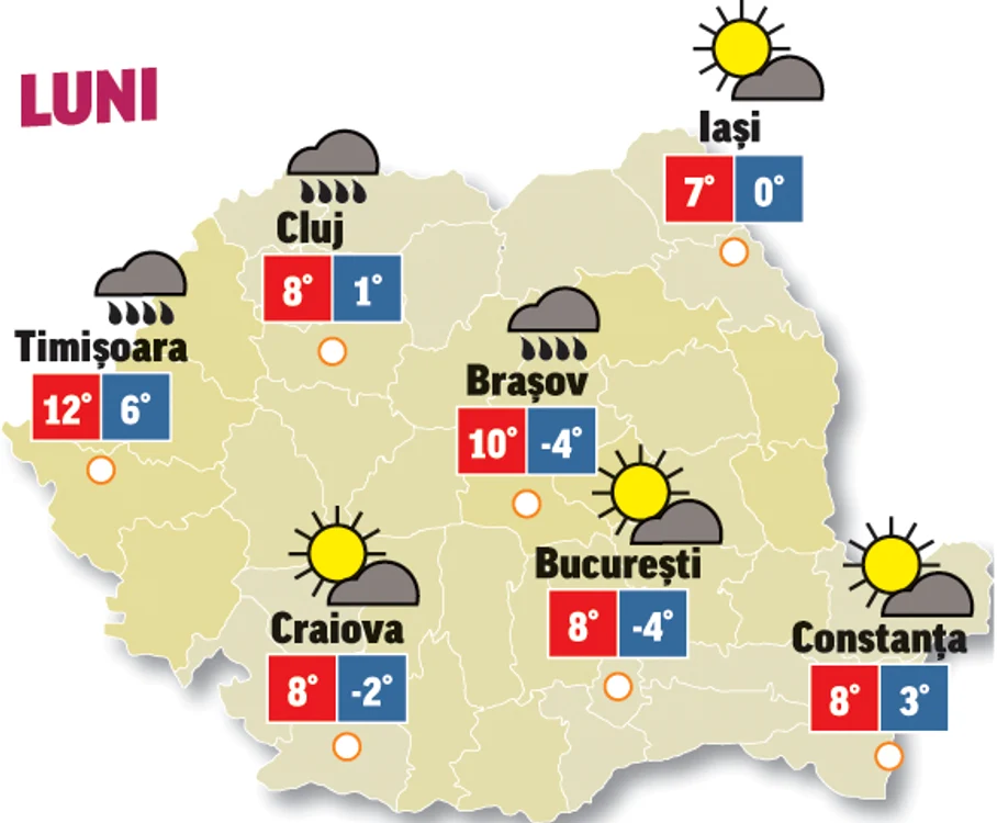 Prognoza meteo 8 februarie anunță că în vestul țării se vor semnala precipitații