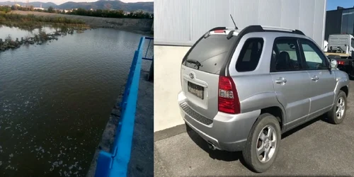 Maşină de teren înghiţită de apele Oltului în Râmnicu Vâlcea după ce a fost lăsată neasigurată pe malul apei Foto Adevărul