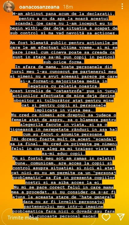 Mesajul postat de Oana Matache / Sursă foto: Instagram