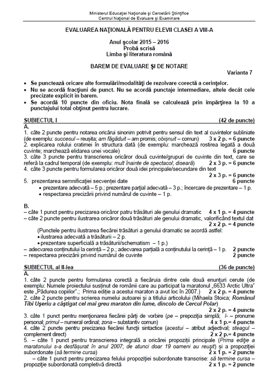 Barem la variantă de subiect pentru Evaluarea Naţională 2016