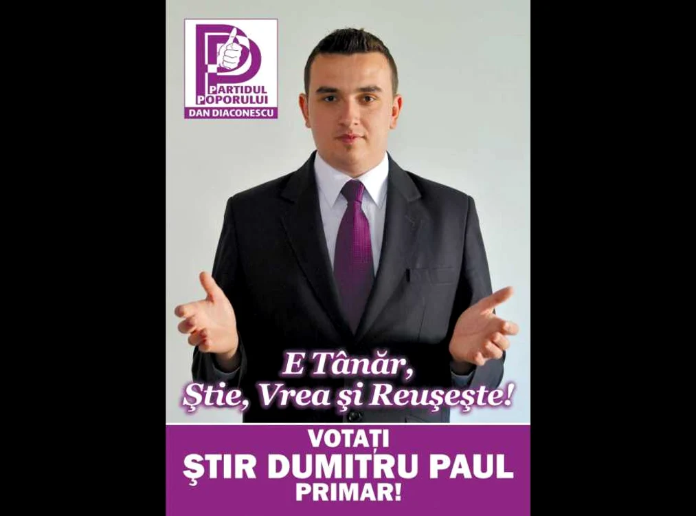 Afişul celui mai tânăr primar din Bistriţa-Năsăud, Paul Dumitru Ştir (foto: facebook)