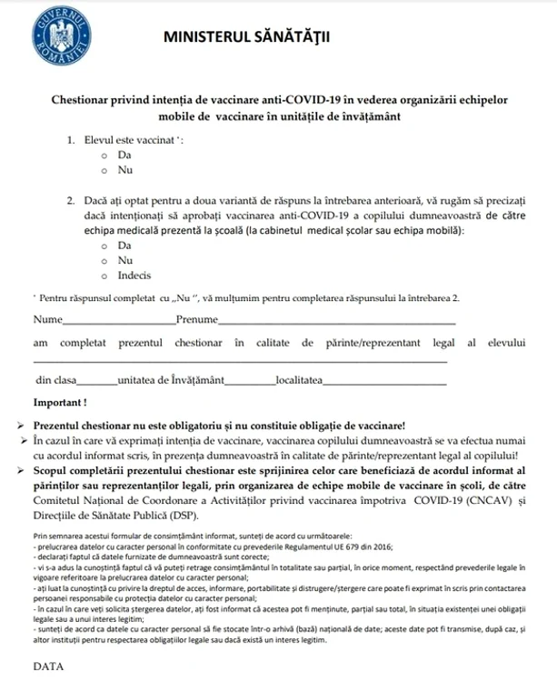 Chestionarul nu constituie obligație de vaccinare a elevilor