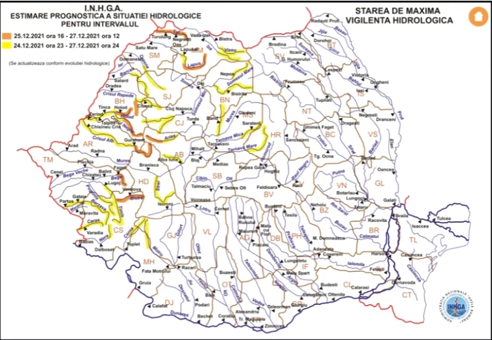 Hartă. Cod portocaliu de inundații pe râuri din nouă județe. FOTO Institutul de Hidrologie