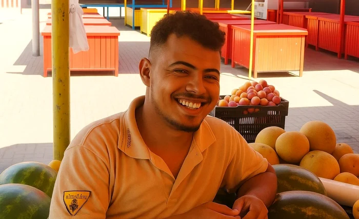 Mahomed din Egipt vinde prune, usturoi și mărar în piața din Gherla / foto: PressHub