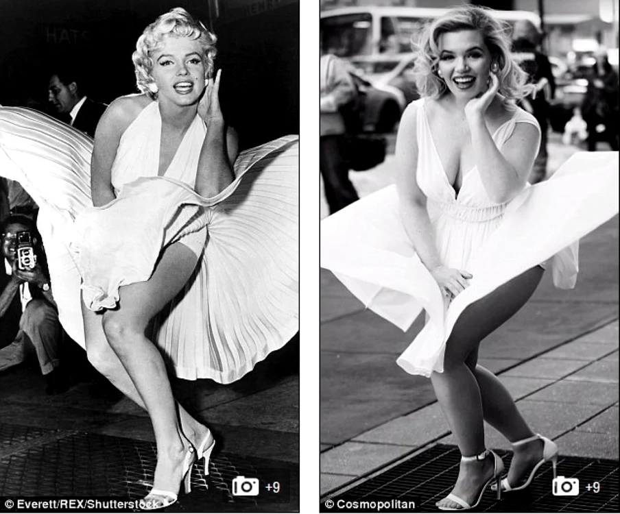 Loni (foto dreapta) a fost şi protagonista unei şedinţe foto unde a încercat să se comporte ca Marilyn şi a recreat celebrul moment al rochiei albe ridicate de un curent de aer. FOTO Daily Mail