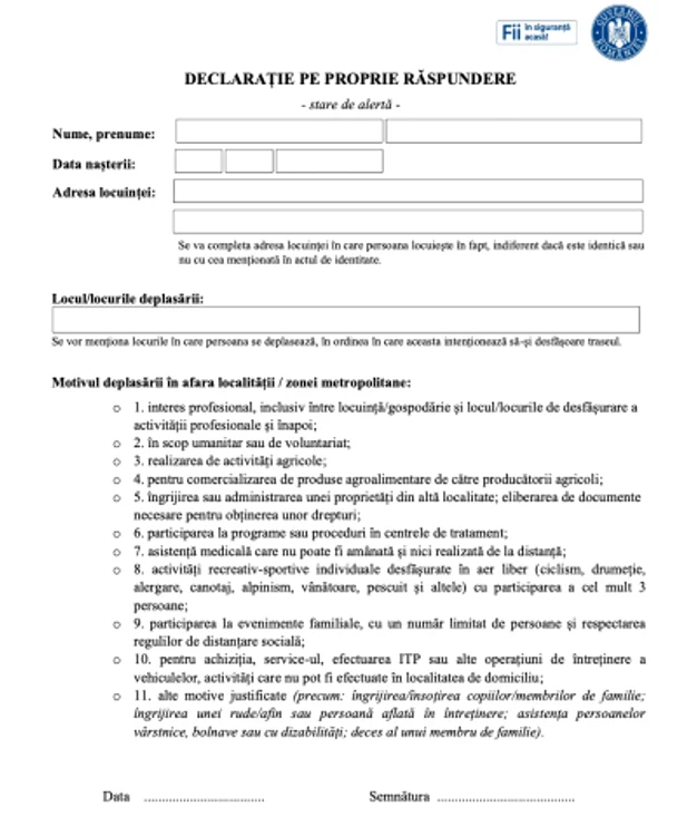Declarația pe propria răspundere pentru cei care vor să iasă din localitate
