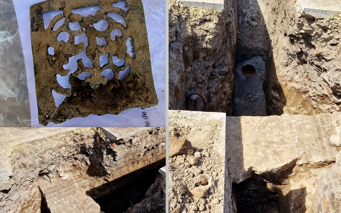 Aplica metalică și ruinele unui edificiu roman, la Măgura Uroiului. Foto: Primăria Simeria