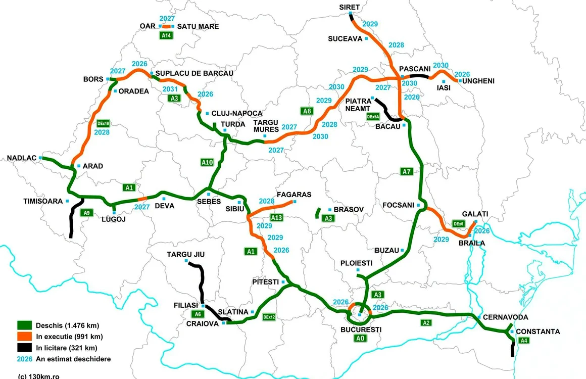 Harta autostrăzilor din România. 