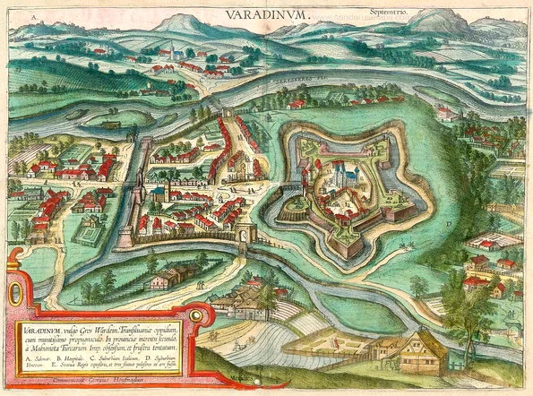 Hartă reprezentând Cetatea Oradea, publicată în 1617, în volumul VI al „Civitates orbis terrarum”, primul atlas modern, editat de Georg Braun și Frans Hogenberg