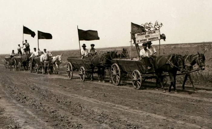 Defilare într-un sat din România comunistă în favaoarea colectivizării FOTO CNSAS