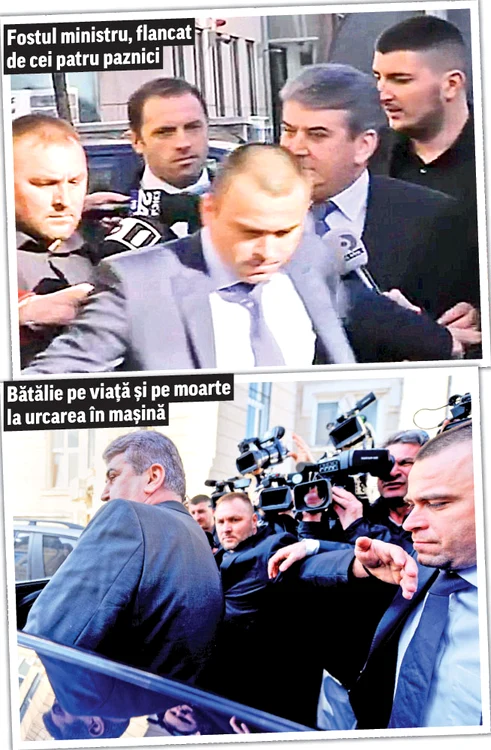 
     Atât la intrare, cât şi la  ieşirea din sediul DNA,  bodyguarzii au sărit ca  uliii să-l protejeze pe  Oprea de “infractori”Fotomontaj: Click!  