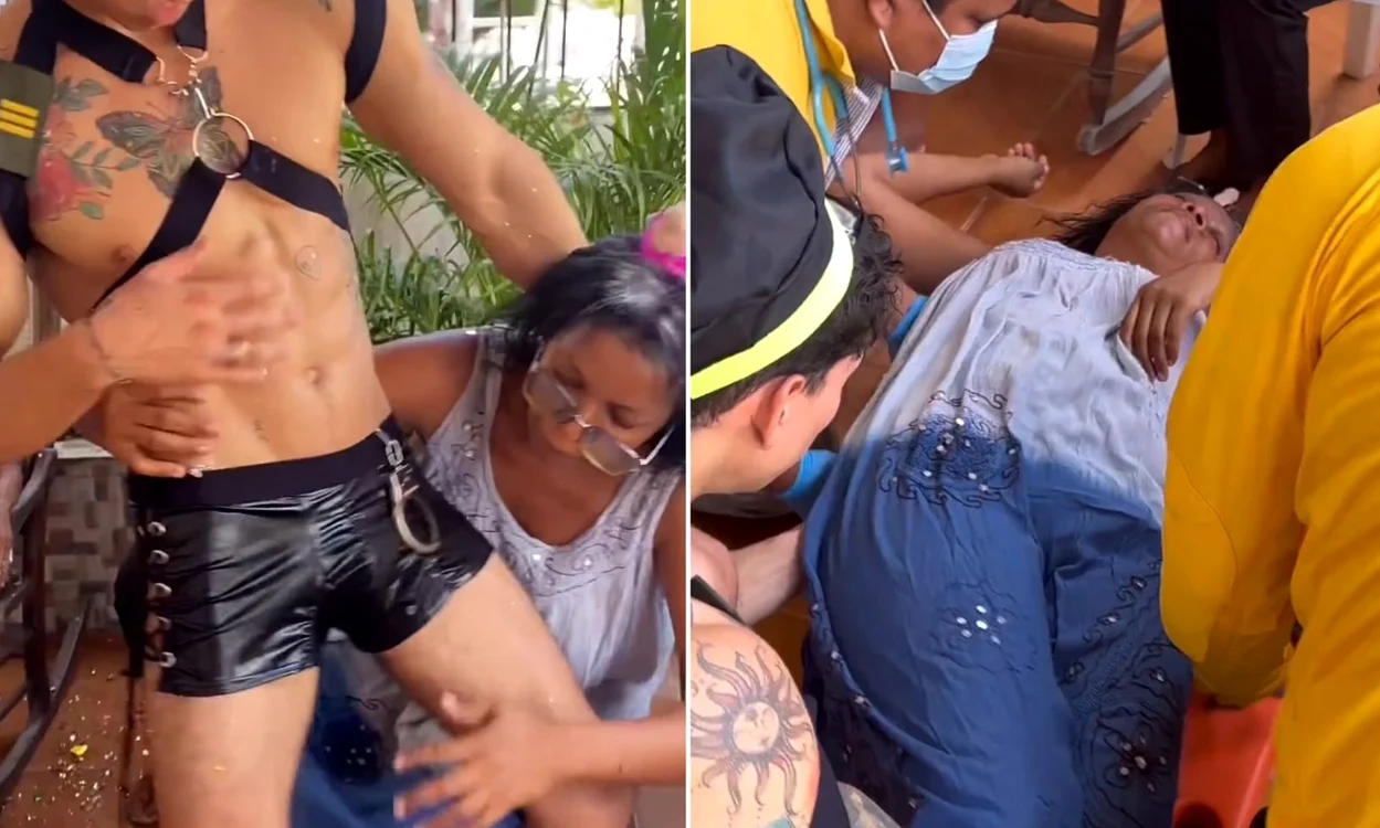 Femeia a fost filmată în timp ce dansa alături de stripperi, ca mai apoi să leșine