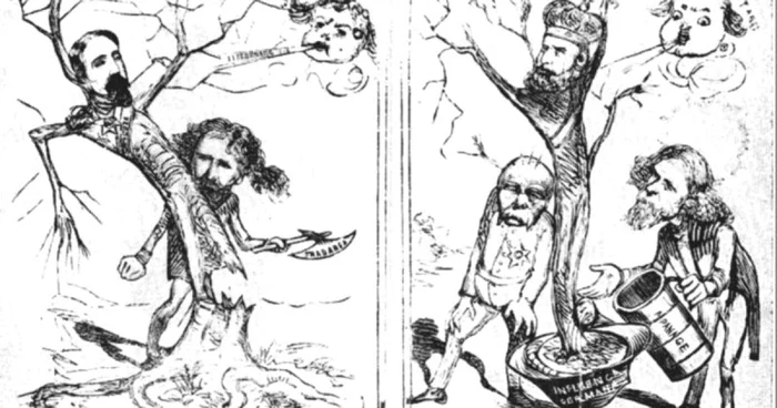 Caricatură antidinastică publicată în „Ghimpele”, în 1872. În stânga: Al. I Cuza trădat de Ion Brătianu. În dreapta: Carol I sprijinit de Bismark şi Brătianu, având la bază influenţa germană şi având împotrivă „vocea ţării” FOTO wikipedia.org