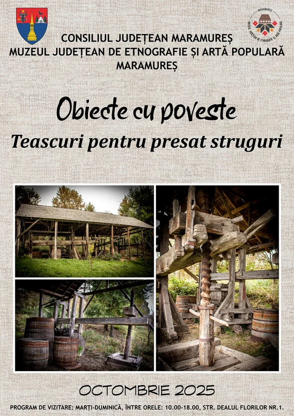 Expoziție de teascuri pentru presat struguri la Muzeul Județean de Etnografie și Artă Populară Maramureș