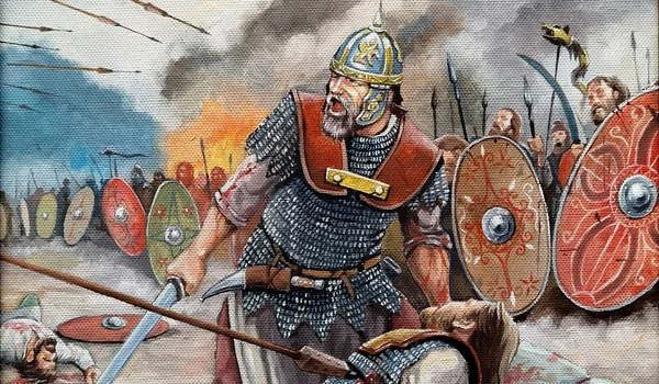 Taraboste și războinic rănit în faţa liniei dacice. Astfel de scene au avut loc rar în timpul războiului, dacii nefiind în stare să ţină piept tăvălugului roman (desen de Cătălin Drăghici)