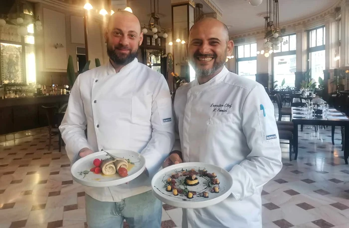 Bucătarii Remus Tomici și Eusebiu Lăcătușu se ocupă de fusionul franco-oltenesc FOTO Ștefan Both