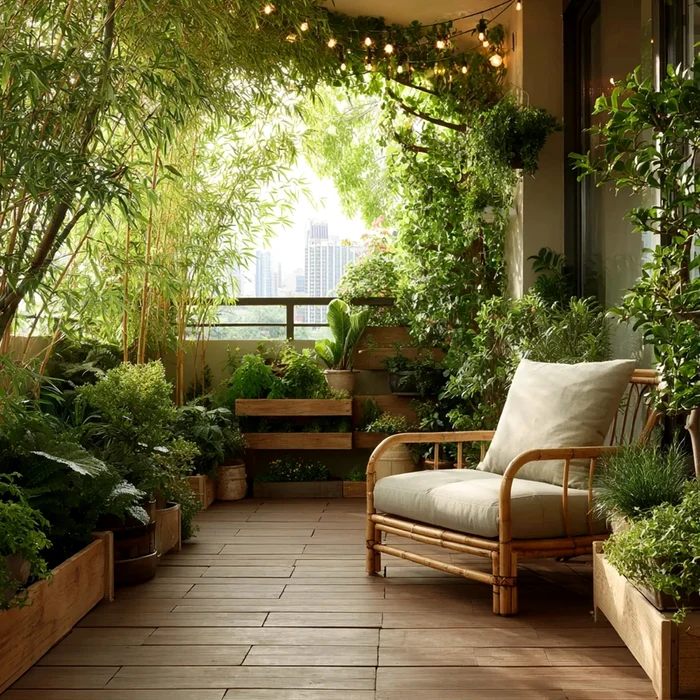 Idei inspirate de amenajare a balconului cu plante în ghiveci, iluminat și mobilier Foto Ideal House