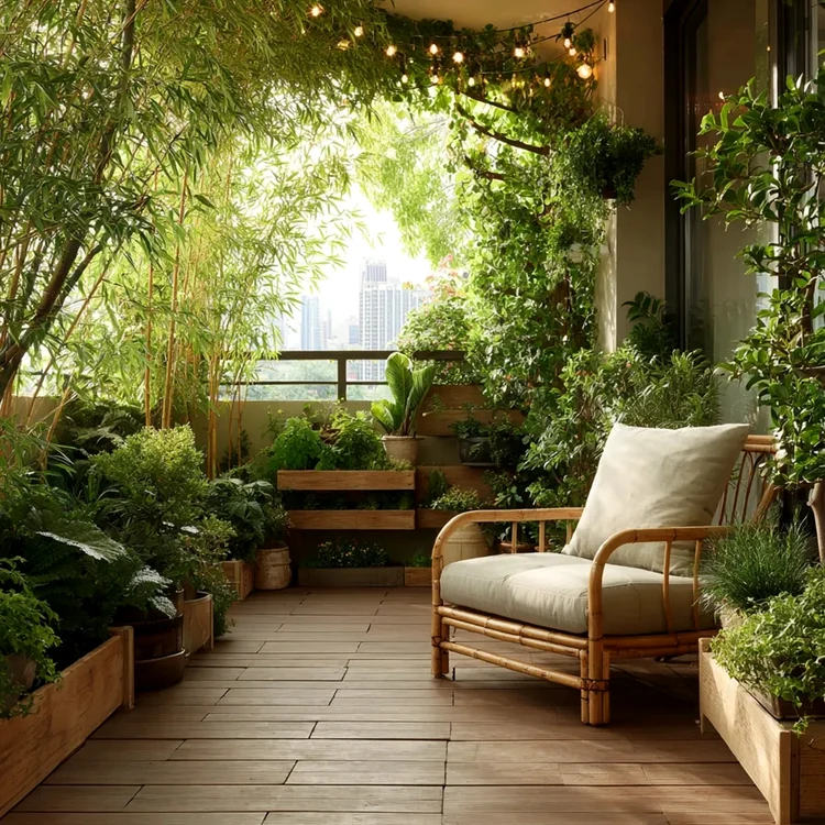 Idei inspirate de amenajare a balconului cu plante în ghiveci, iluminat și mobilier Foto Ideal House