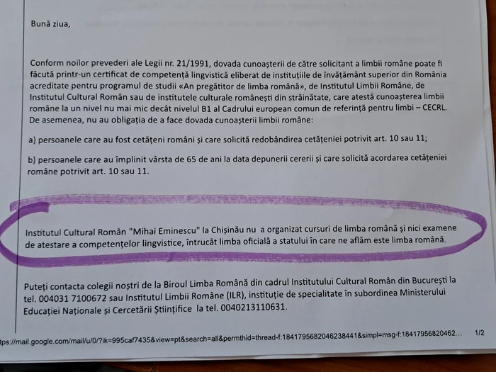Răspunsul primit de la ICR „Mihai Eminescu” din Chișinău