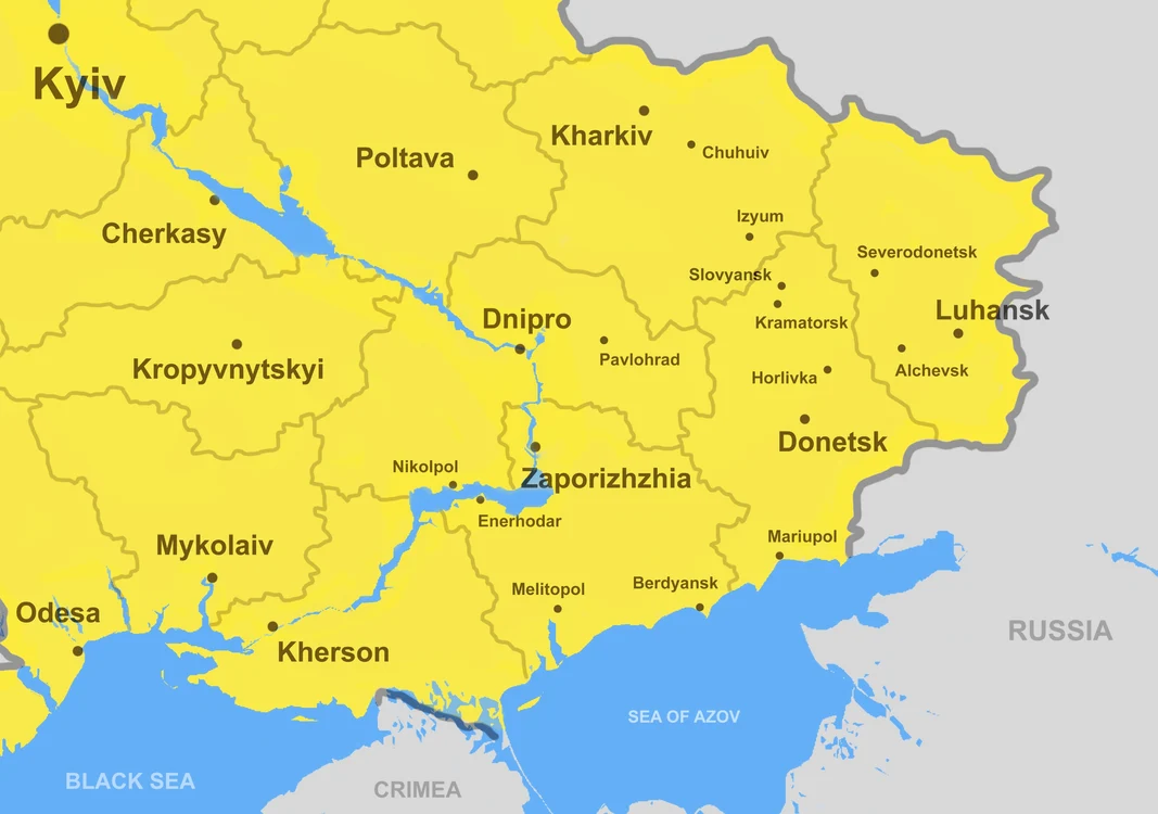 harta sud-est ucraina cu regiunea Donbas, lugansk, donețk și severodonețk shutterstock