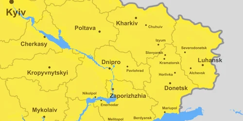 harta sud-est ucraina cu regiunea Donbas, lugansk, donețk și severodonețk shutterstock