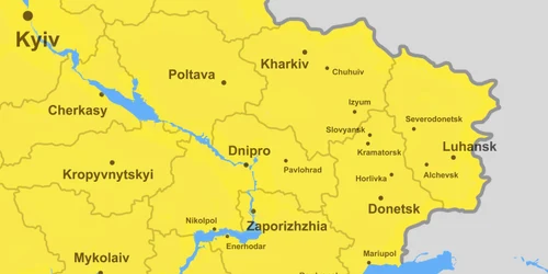 harta sud-est ucraina cu regiunea Donbas, lugansk, donețk și severodonețk shutterstock
