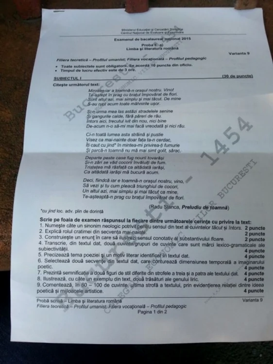 Subiecte Română bac 2015, sesiunea de toamnă: la profilul uman