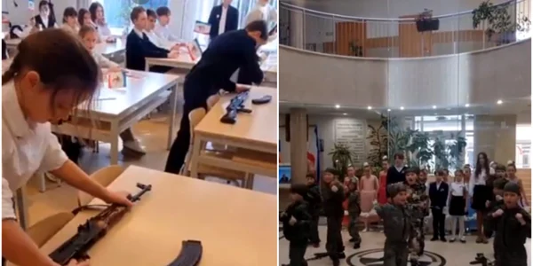Imagini șocante în școlile din Crimeea: elevi instruiți de ruși să mânuiască armele 