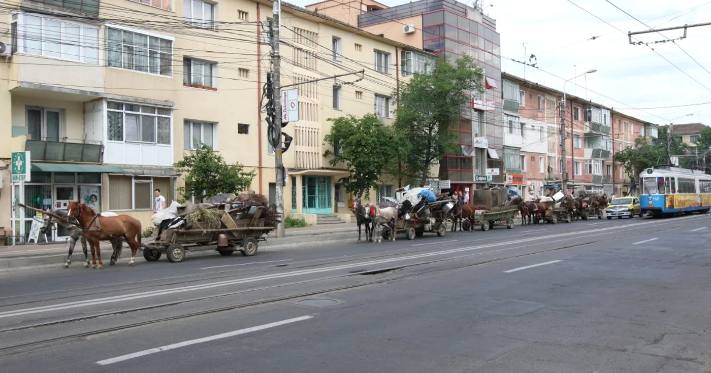 Căruţe încărcate cu fier vechi, trase pe dreapta pe bulevardul Tudor Vladimirescu (Foto: Florin Chirica)