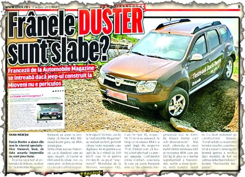 Şi jurnaliştii olandezi au supus Duster-ul la un test: cel de evitare a obstacolelor. Potrivit acestora, o problemă apare când roţile de la interiorul virajului pierd contactul cu solul