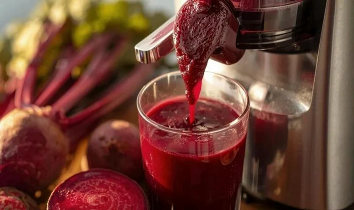 Storcător de fructe și legume care extrage suc roșu intens din sfeclă roșie Foto driphydration.com