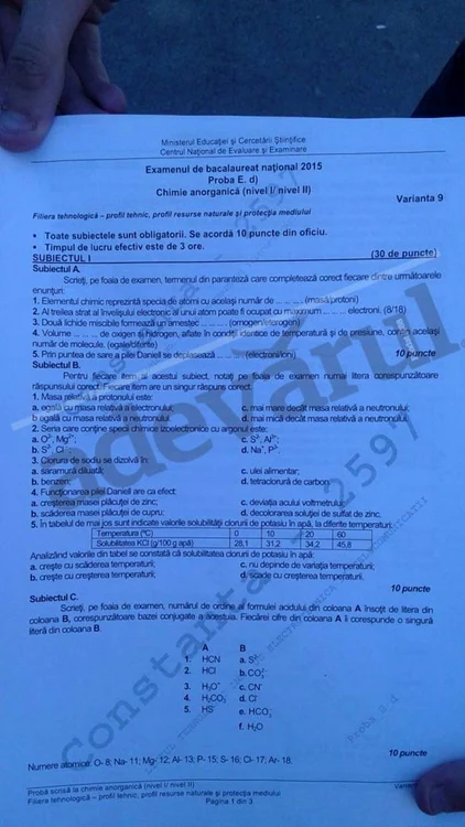 BAC 2015 subiecte Chimie. Prima cerinţă 