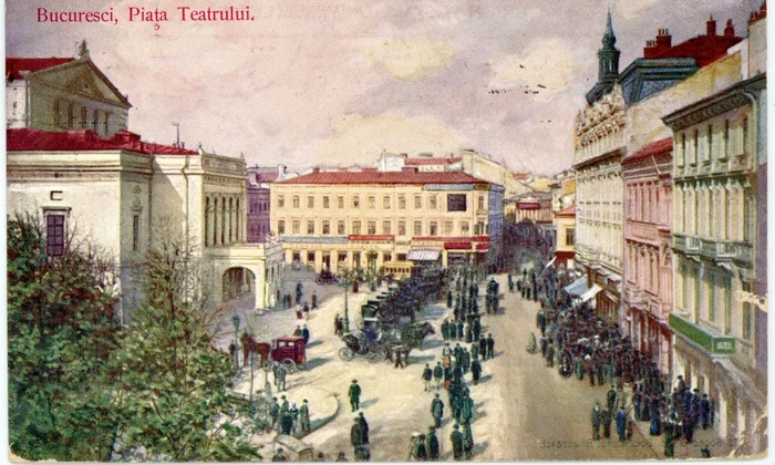 Piața Teatrului Național din București, după 1898. Se observă că pe locul cofetăriei Fialkovski funcționau deja alte localuri, printre care Berăria Cooperativa 