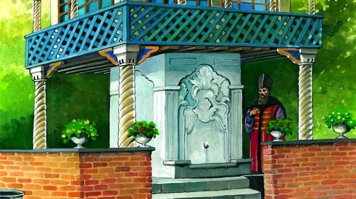 Ilustrație de Cătălin Drăghici, reconstituire ideală a foișorului și a fântânii adiacente construite