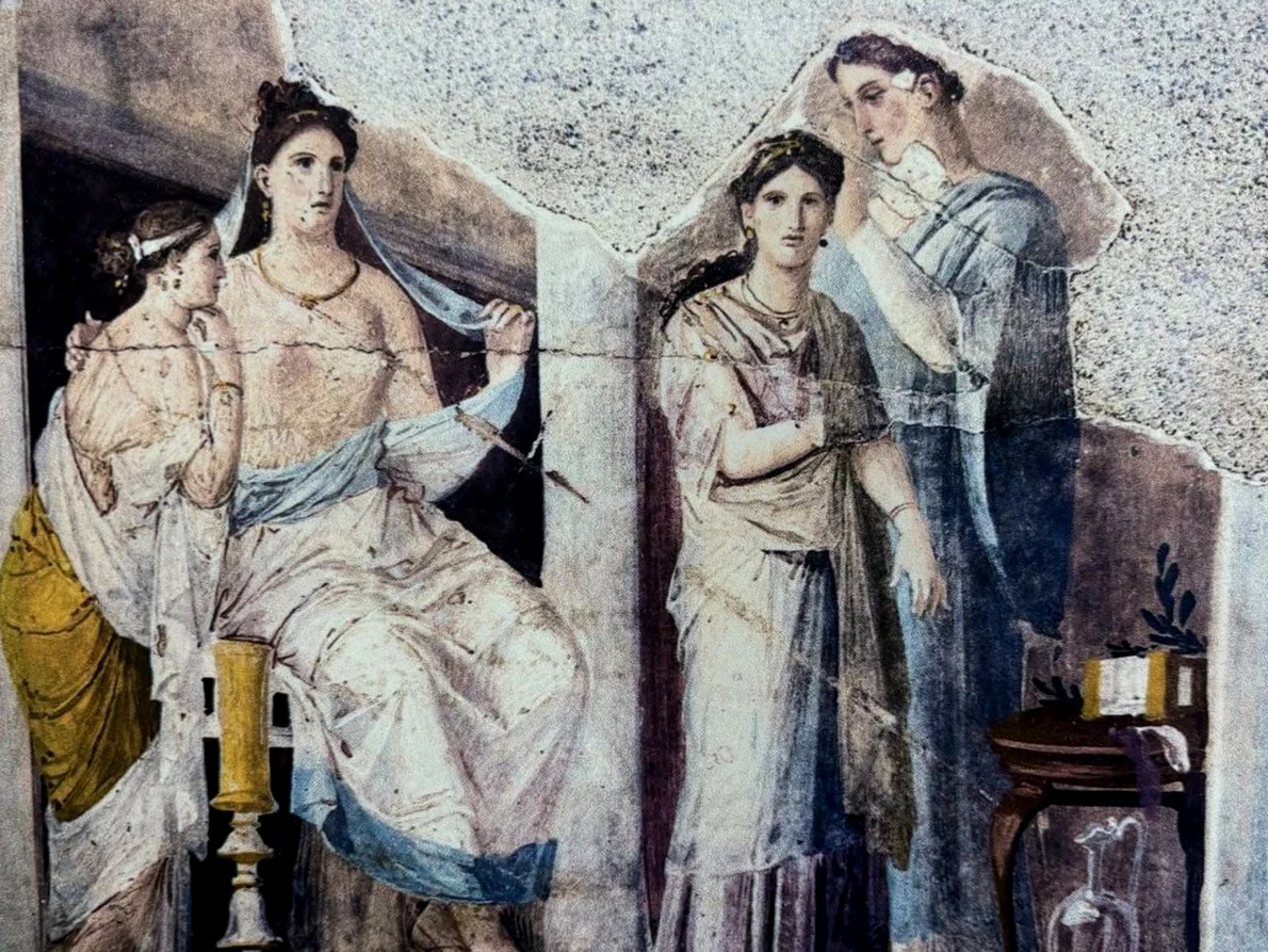Frescă din Herculaneum. O matroană privind o femeie tânără care este coafată de către o sclavă (© Muzeul Național al Banatului)