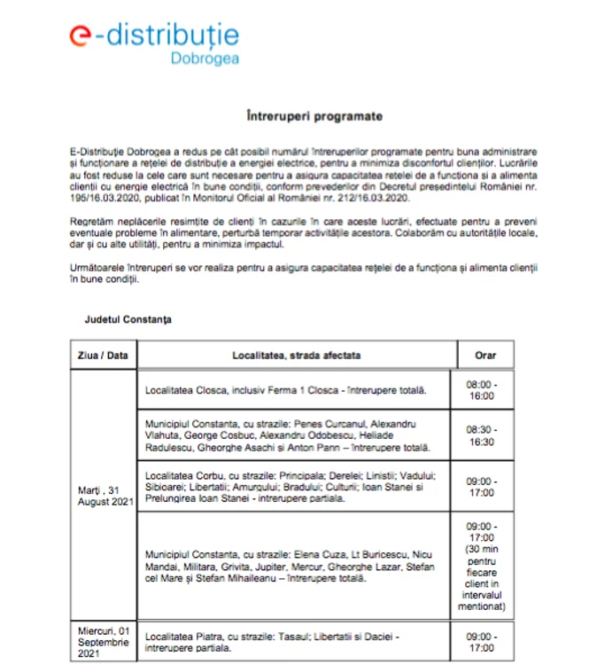 Program întreruperi Enel Dobrogea Sursa E-Distribuţie