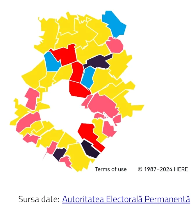 Harta rezultate alegeri județul Ilfov (Galben - PNL) - Captură rezultatevot.ro