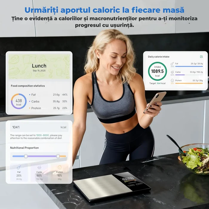 Tânără folosind cântar nutrițional și telefon pentru monitorizare calorii și macronutrienți/eMAG
