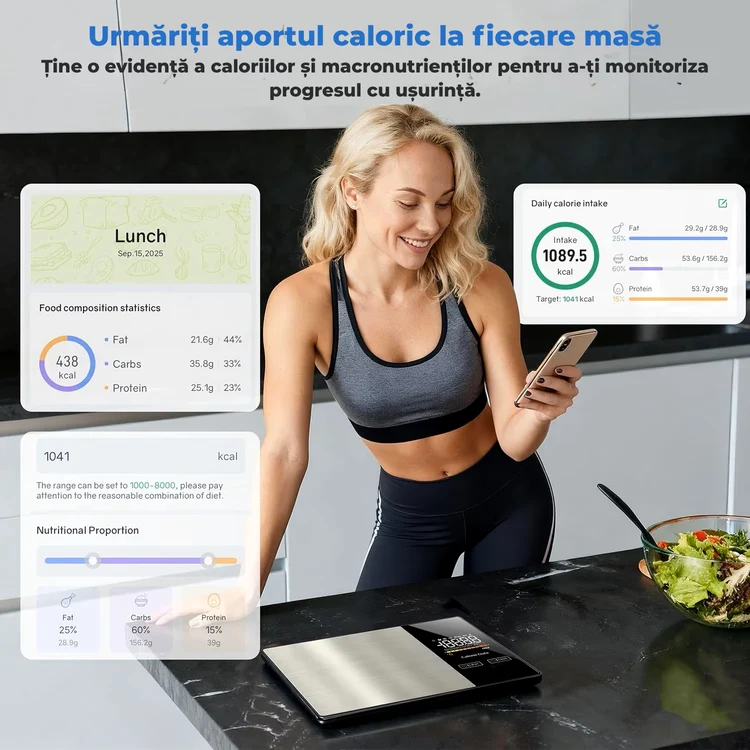 Tânără folosind cântar nutrițional și telefon pentru monitorizare calorii și macronutrienți/eMAG