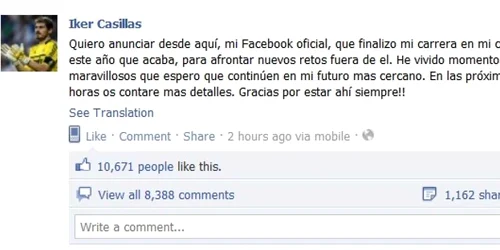 Casillas a anunţat pe contul său de facebook că va pleca de la Real