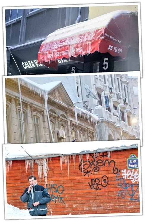 Pe copertine și  acoperișuri atârnă sloiuri de gheață