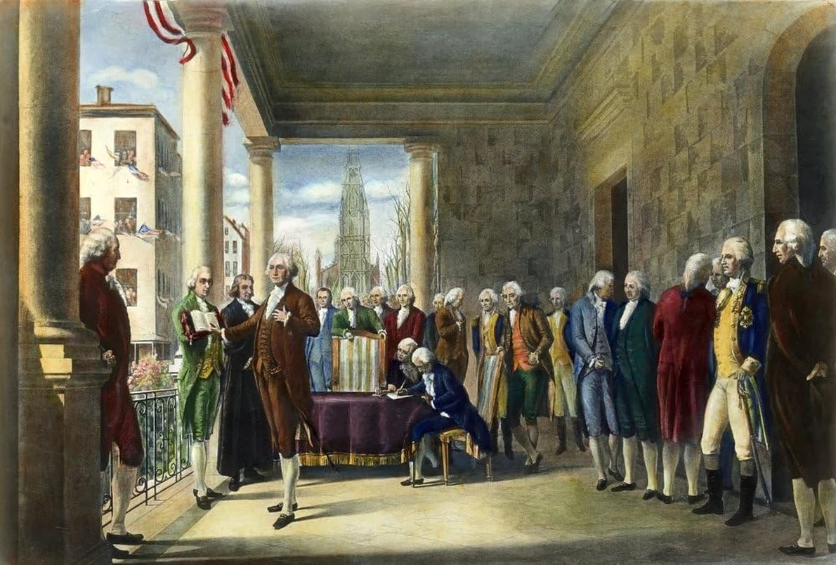 Ceremonia de învestire lui George Washington, primul președinte al SUA. Pictură de Ramon de Elorriaga ( © Wikimedia Commons)